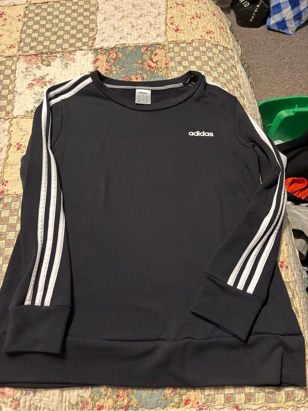 adidas Black Crewneck Sweatshirt with White Sleeve Stripes Medium